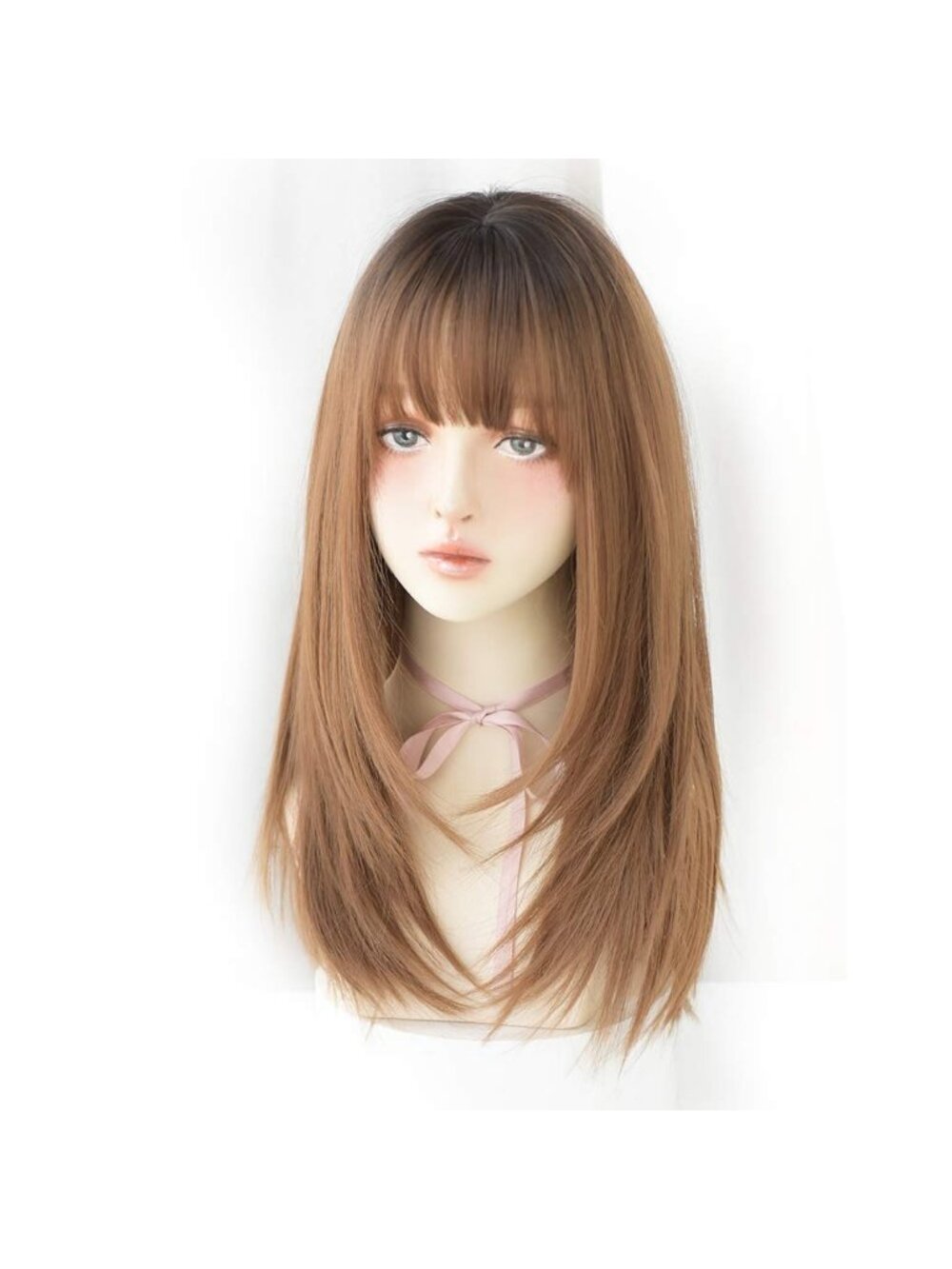 Women's Black Honey Heat Resistant Synthetic Fiber Long Straight Wigs Bangs